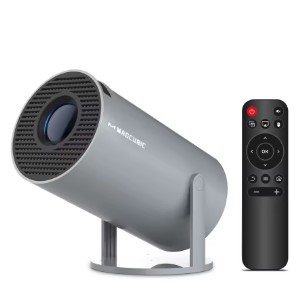 Portable 4K smart projector rotating 180 degrees for home cinema bedroom setup.