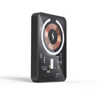 Transparent cyberpunk power bank with digital display and fast charging for minimalist tech setup.