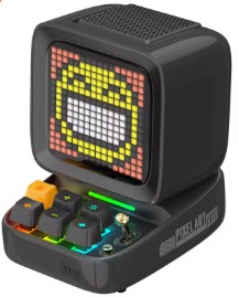 Retro Bluetooth speaker with programmable LED pixel art display for desk aesthetic.